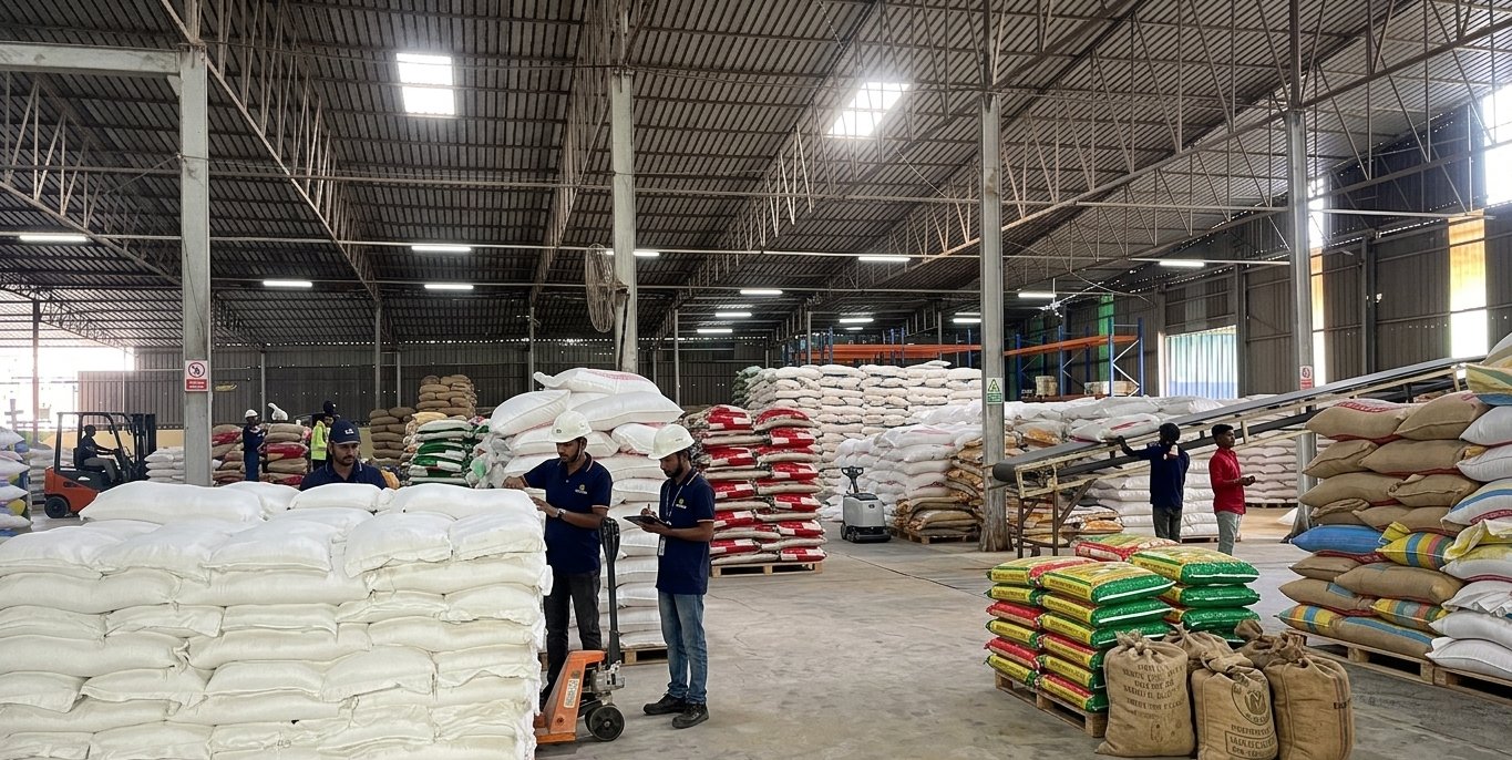 Warehouse with feed sacks and workers