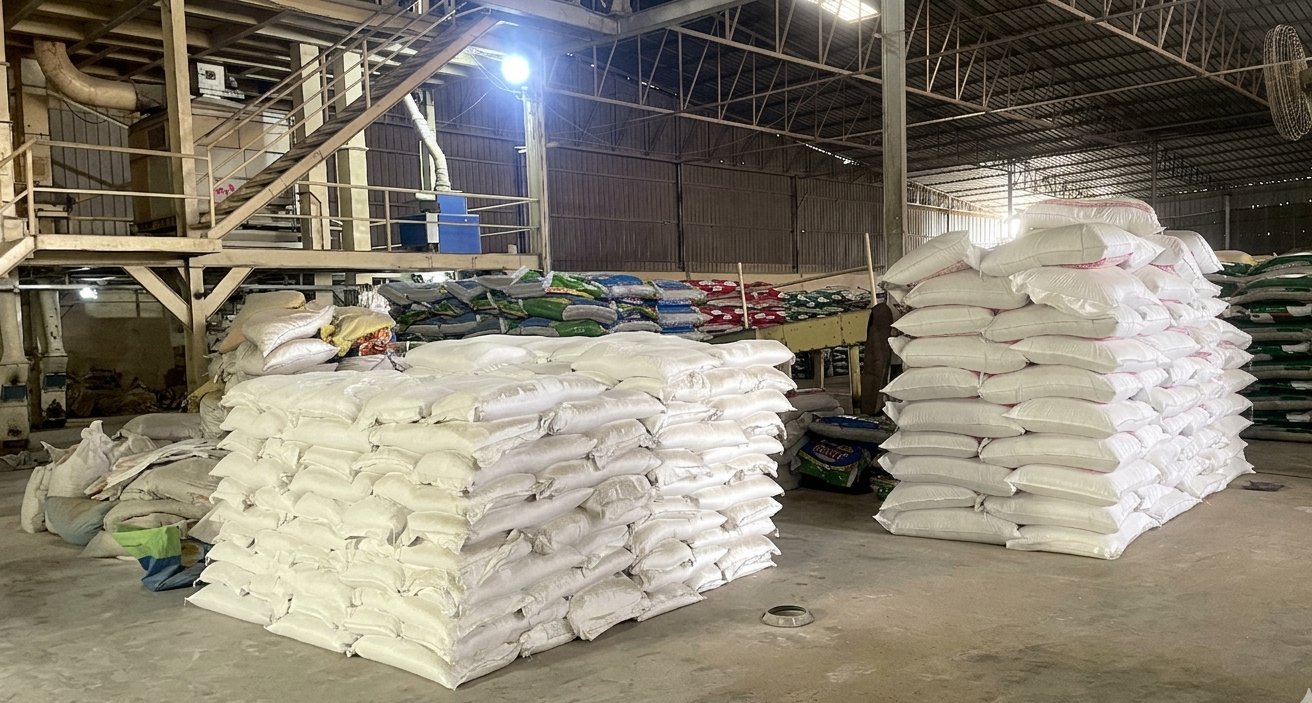 White feed sacks in factory storage