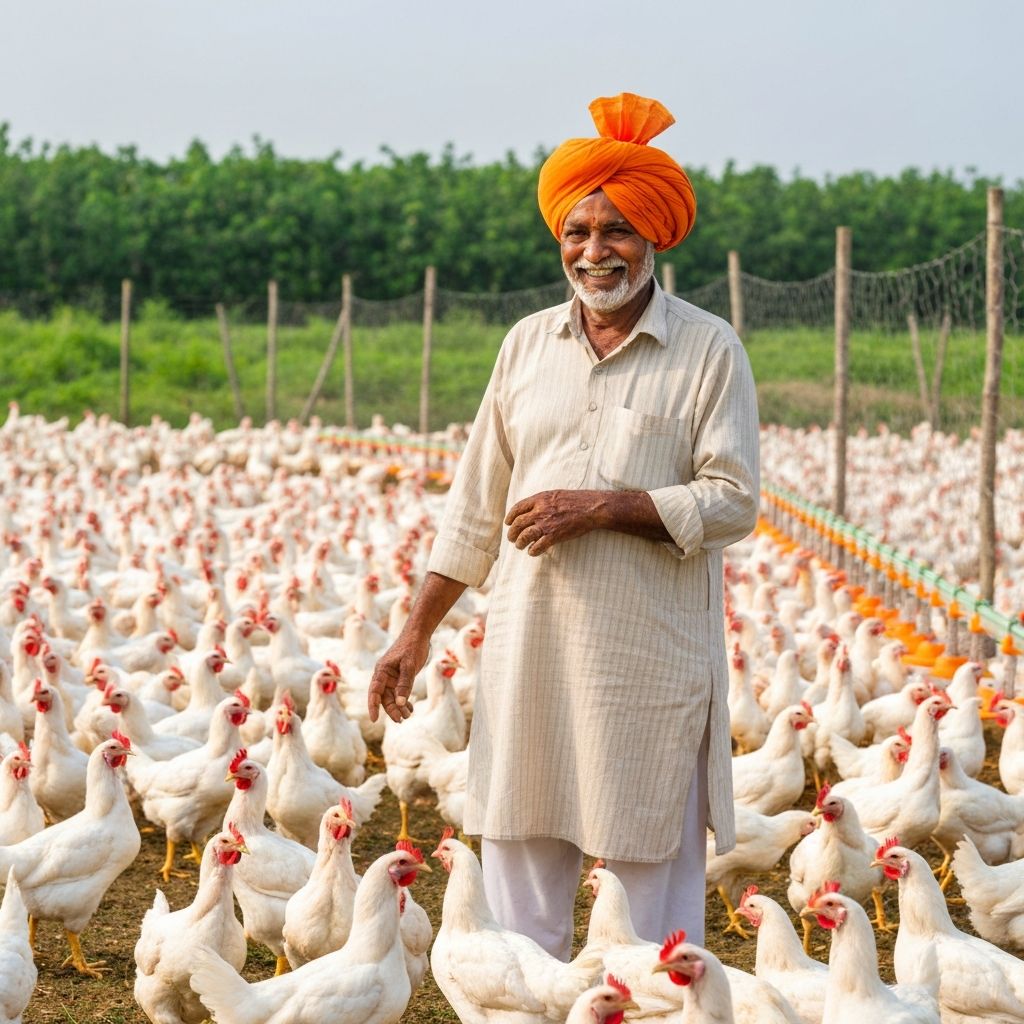 Happy farmer with poultry
